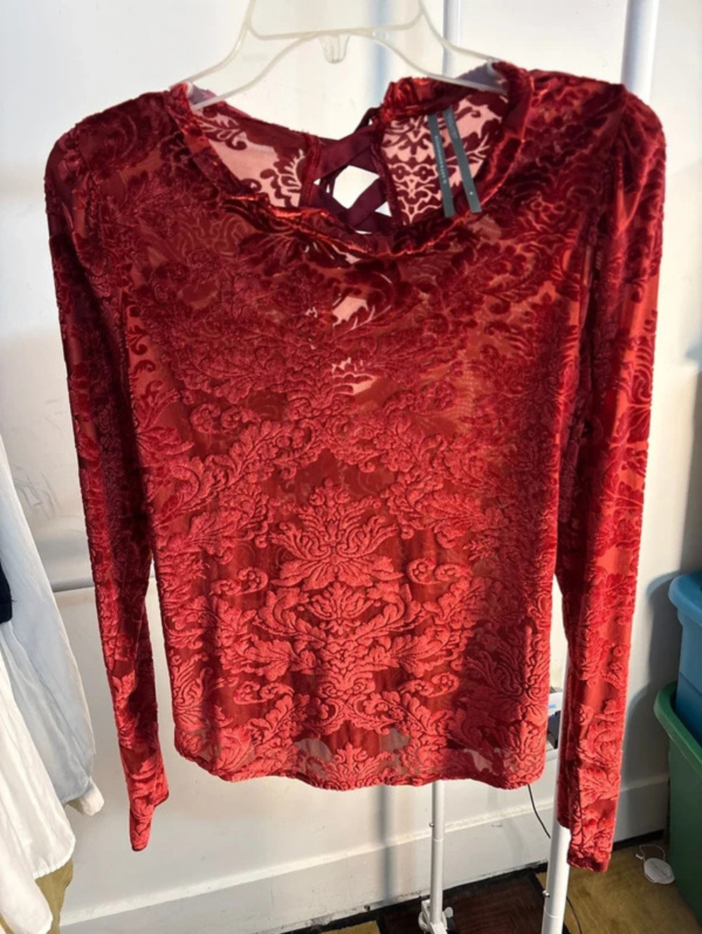 Anthropologie Red Velvet Burnout Damask Long-Sleeve Top - Size M